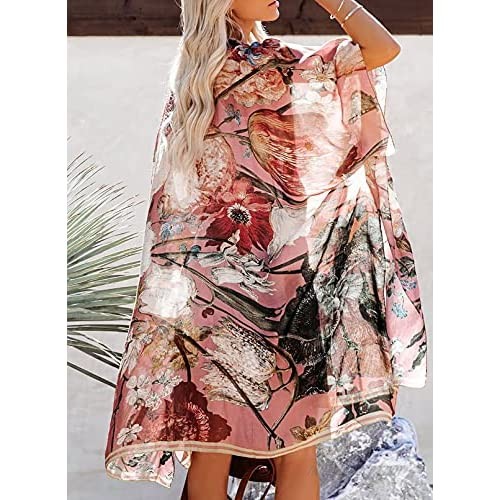 ROSKIKI Womens Summer Boho Print Chiffon Kimono Beach Loose Cover up Cardigans