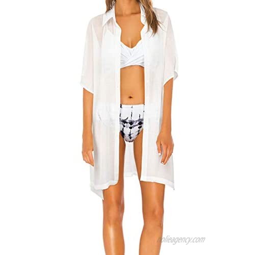 RUUHEE Women Button Down Swim Cover up Side Split Half Sleeve Shirt Bikini Beachwear Dress