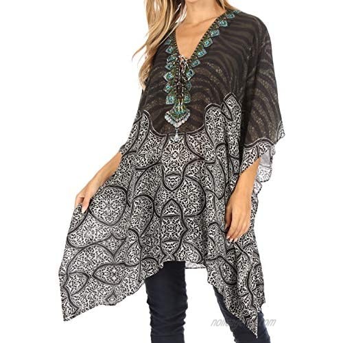 Sakkas Aymee Women's Caftan Poncho Cover up V Neck Top Lace up with Rhinestone