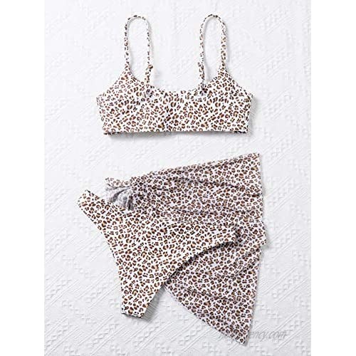SheIn Women's 3 Piece Leopard Wireless Bikini Set Swimsuit and Cover Up Beach Skirt
