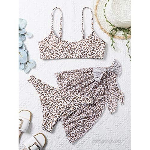 SheIn Women's 3 Piece Leopard Wireless Bikini Set Swimsuit and Cover Up Beach Skirt