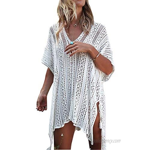 Sicilla Women's V-Neck Hollow Out Swimwear Swimsuit Cover UPS Plus Size Short Loose Knitted Beach Dresses