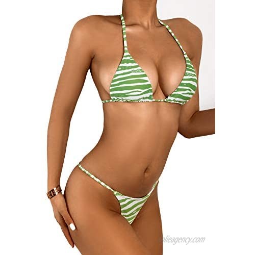 SOLY HUX Women's 3 Piece Zebra Print Bikini Set Swimsuit with Sarongs Cover Ups Beach Skirt Bathing Suit Green Stripe S