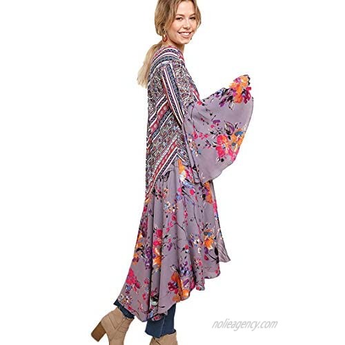 Umgee Womens Ruffled Long Body Kimono with a Multicolored Print