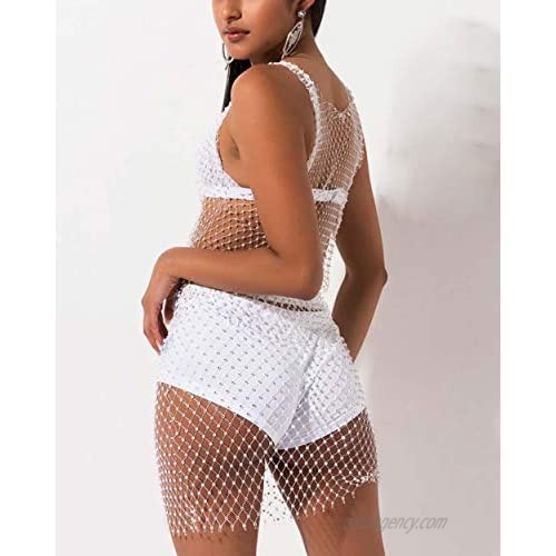 Women Mesh See Through Rhinestone Fishnet Mini Skirts Beach Wrap Bikini Cover Up for Swimwea Clubwear(White)