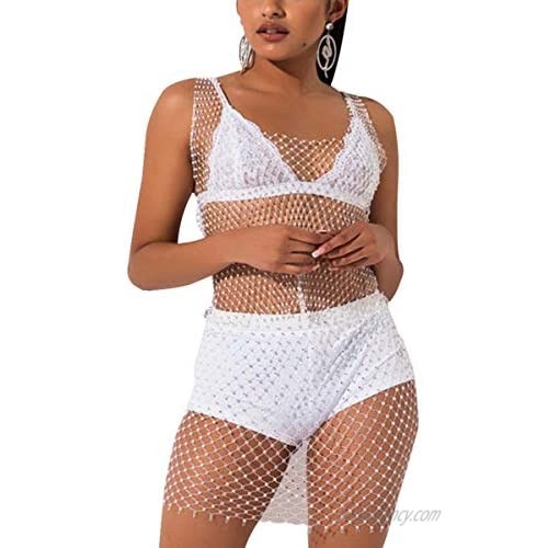 Women Mesh See Through Rhinestone Fishnet Mini Skirts Beach Wrap Bikini Cover Up for Swimwea Clubwear(White)