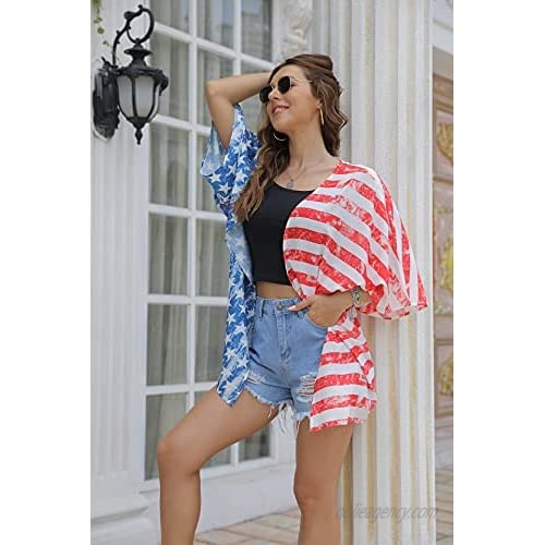 Women's American Flag Print July 4th Shirts Kimono Cardigan Loose Cover Up Casual Summer Tops