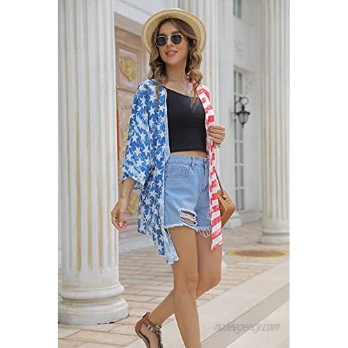 Women's American Flag Print July 4th Shirts Kimono Cardigan Loose Cover Up Casual Summer Tops