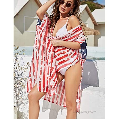 Women's American Flag Swimsuit Women Kimono Cover-up Beachwear Loose Tops Shirt Dress