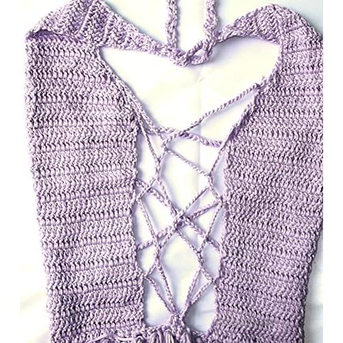 Women’s Hand Knit Crochet Beach Swimsuit Cover Up Halter Fringe Dress