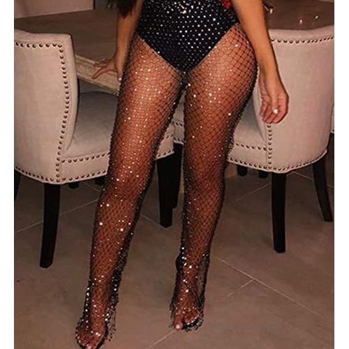 Womens Mesh Rhinestone See Through Fishnet Hollow Out Beach Bikini Swimsuit Cover Up Rave Festival Bottoms Pants