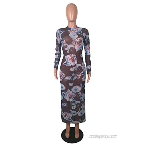 Womens Sexy See Through Dress Floral Woven Printed Net Yarn Translucent Bodycon Dresses