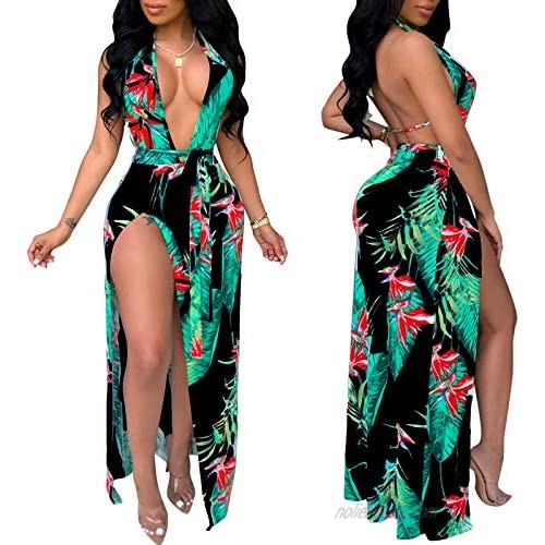 Women's Sexy Split Maxi Party Dress Deep V Neck Backless Floral Beach Cover Up Dress