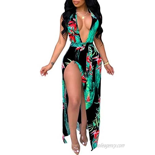Women's Sexy Split Maxi Party Dress Deep V Neck Backless Floral Beach Cover Up Dress
