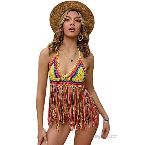 Womens Summer Beach Crochet Top Swimsuit Cover Up Lace Tassel Bikini Swimwear Sheer Coverups