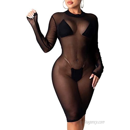 YouSexy Women's Swimsuit Cover Up Dress Sheer Mesh See Through Long Sleeve Bodycon Beach Dress