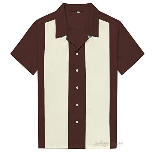 Candow Look Vintage Mens Rockabilly Bowling Collared Hip Hop Shirts Cinnamon&Ivory