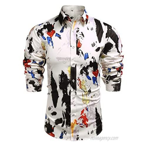 COOFANDY Men's Long Sleeve Luxury Printed Dress Shirt Silk Satin Button Down Shirts