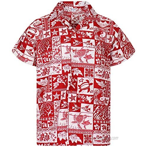 Funky Hawaiian Shirt Men Short-Sleeve Front-Pocket Block Puzzle Multiple Colors