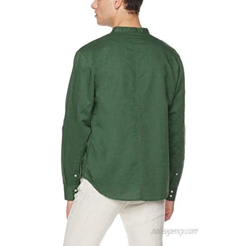 Isle Bay Linens Men's Slim-Fit Linen Cotton Blend Roll-up Long Sleeve Band Collar Woven Casual Shirt