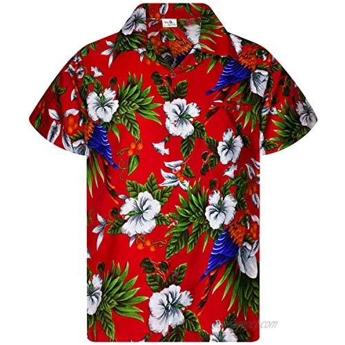 King Kameha Funky Casual Hawaiian Shirt for Men Front Pocket Button Down Very Loud Shortsleeve Unisex Cherry Parrot Print