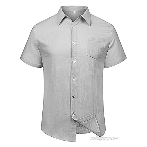 LecGee Men's Linen Shirt Regular Fit Short Sleeve Button Down Beach Wedding Shirt Light Grey