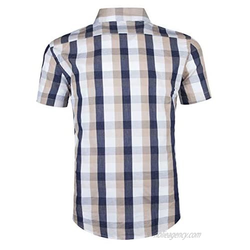 Men Plaid Cotton Casual Short Sleeve Button Down Dress Shirts Beige