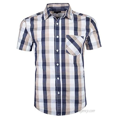 Men Plaid Cotton Casual Short Sleeve Button Down Dress Shirts Beige