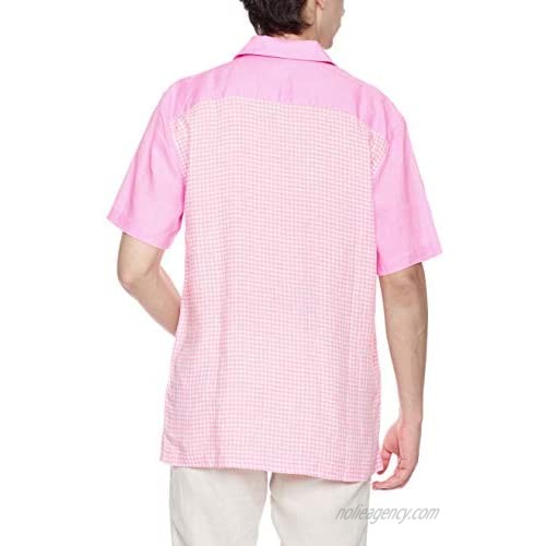 Ross&Freckle Men's 100% Linen Contrast Check Short Sleeve Casual Shirt