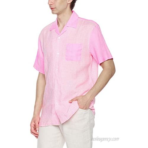 Ross&Freckle Men's 100% Linen Contrast Check Short Sleeve Casual Shirt