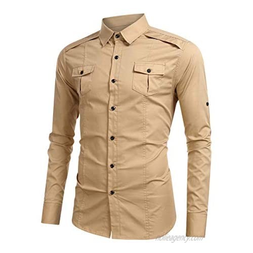 WESTECHO Men's Long-Sleeve Solid Cargo Work Shirt Formal Uniform Tops Convertible Industrial Work Shirts 2 Chest Pockets