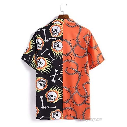 ZAFUL Men's Casual Short Sleeves Skull Spliced Printed Halloween Button Up Shirt