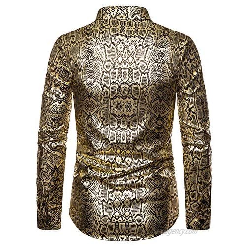 Elegeet Mens Gold Snakeskin Pattern Printed Dress Shirt Shiny Stylish Nightclub Banded Collar Shirt