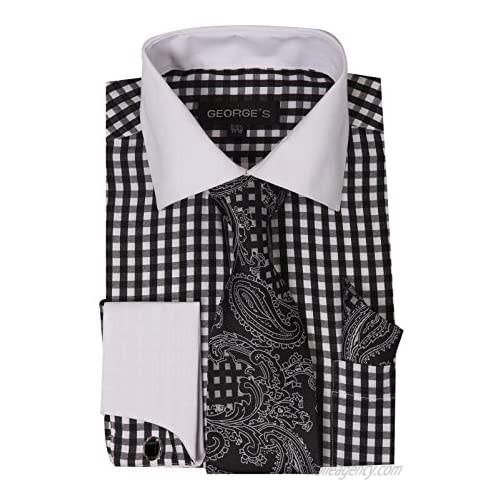FORTINO LANDI Gingham Check Fashion Dress Shirt w/Tie Set  French Cuff & Cufflinks AH6155