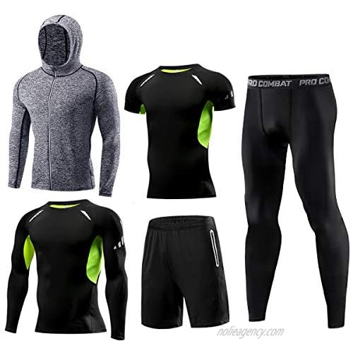 WELLGEAR Men's Gym Running Fitness Kit Compression Shirts for Men Pants Shirt Top Long Sleeve Jacket Set 5 PCS - Workout (Large  Green Edge B)