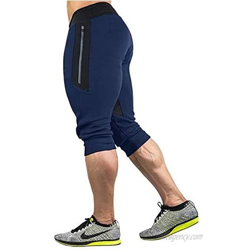 BUXKR Men's 3/4 Jogger Pants Capri Shorts with Zipper Pockets for Gym and Workout