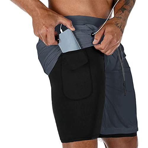 Gafeng Mens Running 2 in 1 Shorts Workout Gym Yoga Training Sport Soft Compression Tight Pants with Phone Pocket