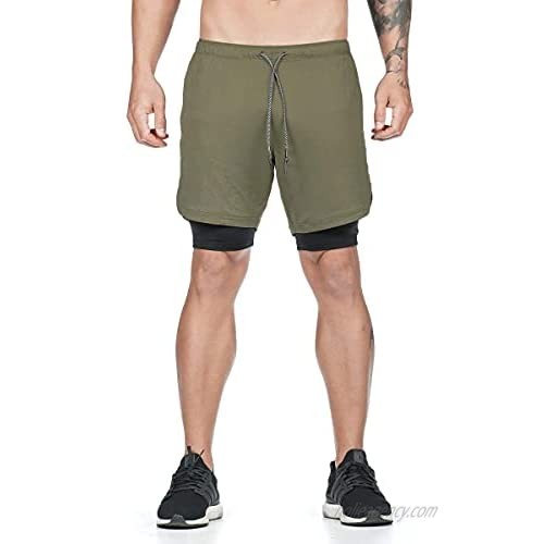 WZIKAI Men's Gym Workout Shorts Athletic 2 in 1 Running Shorts with Towel Loop Training Sport Short for Jogging Hiking Army Green