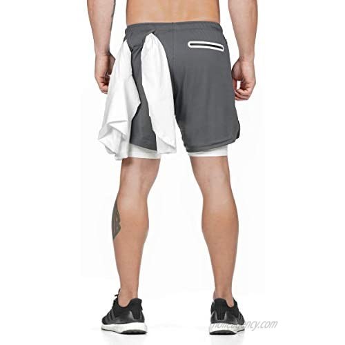 WZIKAI Men's Gym Workout Shorts Athletic 2 in 1 Running Shorts with Towel Loop Training Sport Short for Jogging Hiking Grey