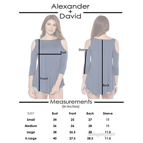 Alexander + David Women's Cold Shoulder Tunic Top Blouse Basic Sexy 3/4 Sleeve Jersey T-Shirt Top