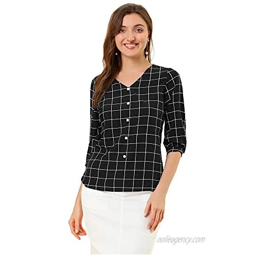 Allegra K Women's Check Shirt V Neck 3/4 Sleeve Plaid Spring Casual Tops Blouses