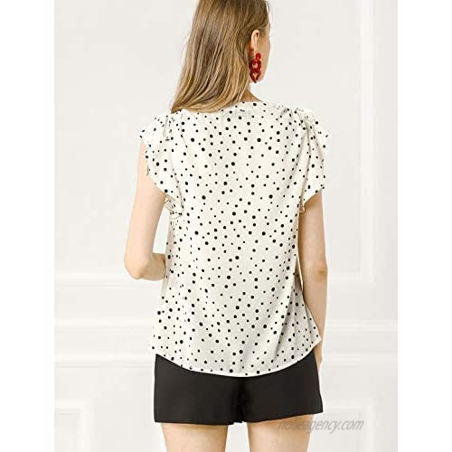 Allegra K Women's Ruffle Chiffon V Neck Blouse Polka Dots Cap Sleeve Summer Shirt Top