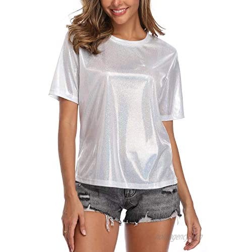 andy & natalie Women's Shiny Tops Holographic Metallic Shirt Shimmer Glitter Sparkle Party Disco Tee Shirt Blouse