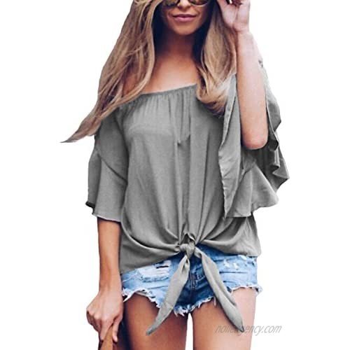 Asvivid Womens Casual Solid Off The Shoulder Tops 3/4 Bell Sleeve Blouses Casual Tie Knot Date Work Office T-Shirt L Grey