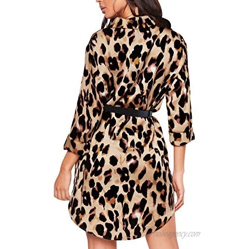 Auxo Women Long Sleeve Leopard Print Button Down V Neck Shirt Dress Loose Blouse Tunic Tops Casual Mini Dresses