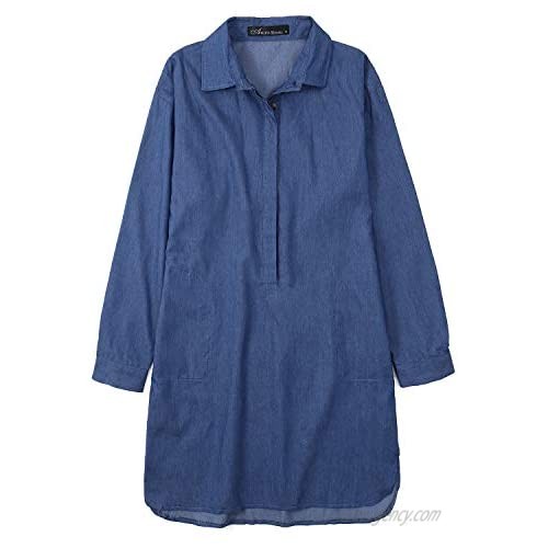 Auxo Women's Lapel Button Down Shirt Dress Long/Short Sleeve Tunic Blouse Casual Chambray Boyfriend Shirt Tops with Pockets
