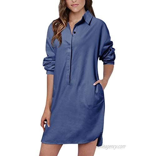 Auxo Women's Lapel Button Down Shirt Dress Long/Short Sleeve Tunic Blouse Casual Chambray Boyfriend Shirt Tops with Pockets