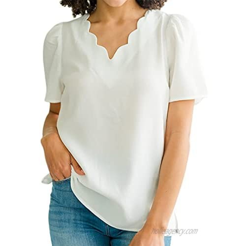 Avanova Women's Scalloped V Neck Tops Puff Short Sleeve Basic Summer Blouse Shirt