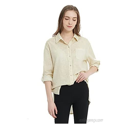 Bellivera Women's Cotton Linen Blouse Summer Long/Roll-Up Sleeve Shirt Button Down Garment Dye Loose Tops