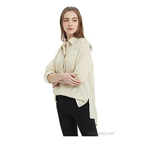 Bellivera Women's Cotton Linen Blouse Summer Long/Roll-Up Sleeve Shirt Button Down Garment Dye Loose Tops